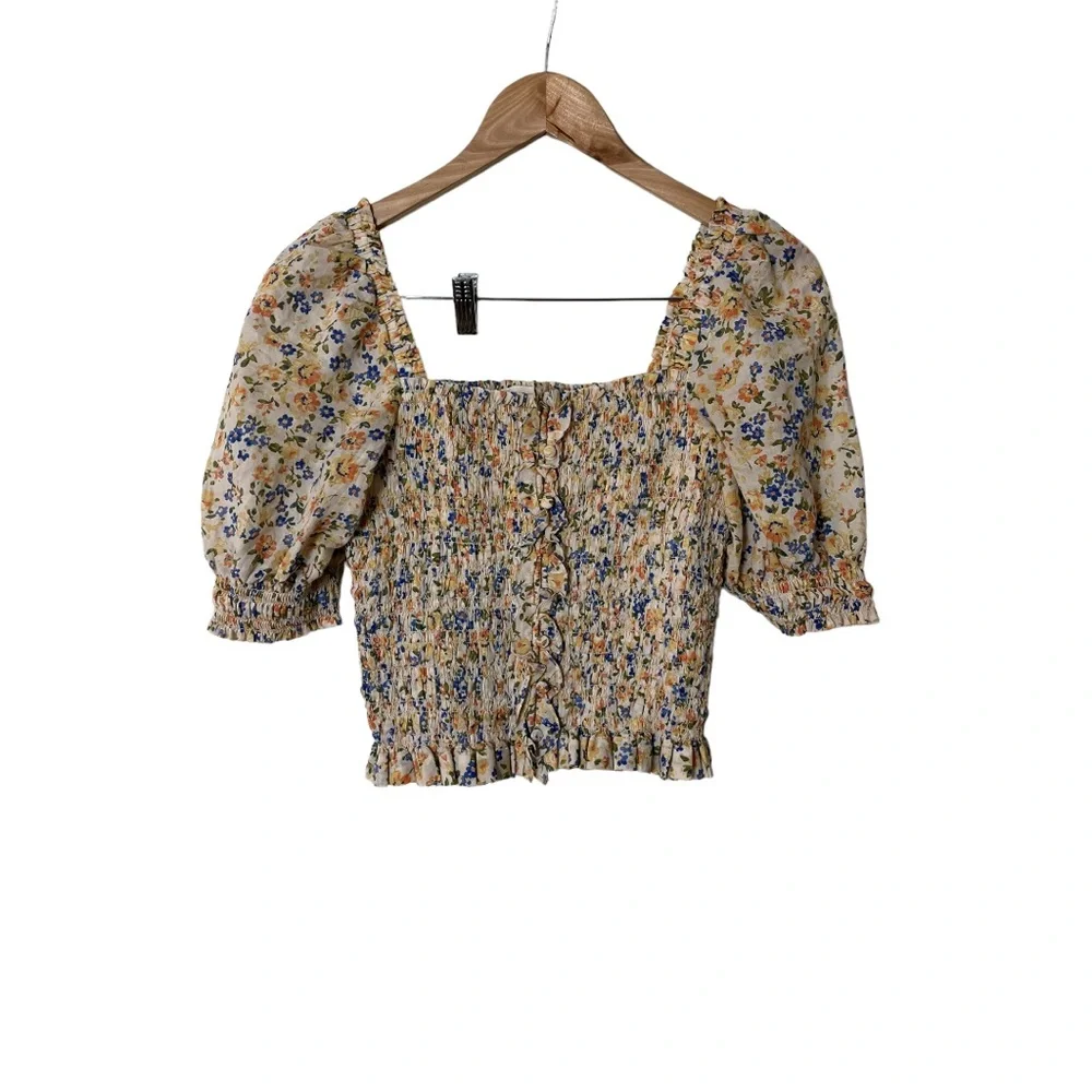 Sezane Floral Smocked Puff-Sleeve Crop Top in Yellow and Blue - Picture 2 of 7
